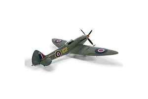 Completed Airfix 1/48 Supermarine Seafire F.XVII plastic model fighter aircraft painted in camouflage with Royal Navy markings.