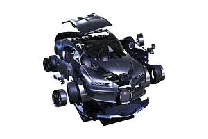 An exploded view render of the Airfix Bugatti Chiron Quickbuild plastic model car showing detached body and wheel parts.