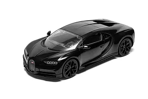 Studio shot of an assembled black Bugatti Chiron model car angled from the front right against a plain white background.