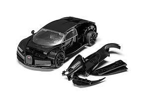 Airfix Bugatti Chiron quickbuild plastic model car set partially assembled with separate black body panels on a white background.