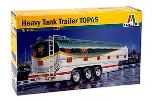 Packaging for Italeri 1/24 scale Heavy Tank Trailer TOPAS plastic model kit showing box art.