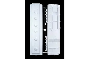White plastic model kit sprue featuring large tank sections and mounting components for the Italeri 1/24 Heavy Fuel Tank Trailer.