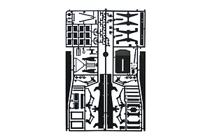 Black plastic model kit parts sprue featuring chassis and suspension components for the Italeri Heavy Fuel Tank Trailer.
