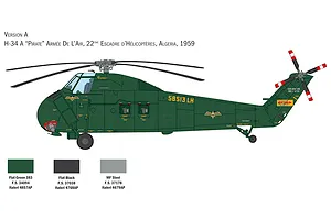 Illustration showing side profile of an H-34A Pirate helicopter in dark green livery with paint guide swatches below.