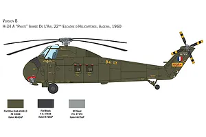 Illustration showing Version B painting and marking guide for Italeri H-34A Pirate helicopter model in olive drab with colour swatches.