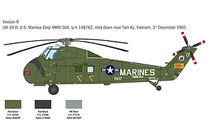 Colour profile diagram for Version D UH-34D U.S. Marines helicopter model kit with paint color swatches.