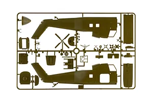 Olive green plastic model kit sprue containing helicopter fuselage halves, rotor blades, and interior components.