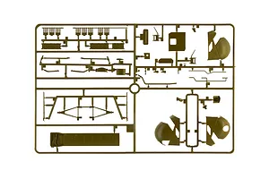 Olive green plastic model kit sprue containing helicopter parts on a plain white background.