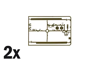 Plastic model kit sprue containing helicopter parts including rotor blades and wheels, with a 2x indicator.