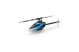 Studio product photo of the Blade Revolution 155 CP RC helicopter with blue canopy, white landing skids, and black main rotor blades.