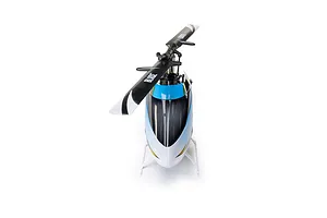 Front view of the Blade Revolution RC helicopter showing its blue, white, and black canopy and main rotor blades against a white background.