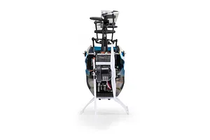 Front view of the Blade Revolution 155 CP RC helicopter showing tail rotor, motor, and white landing gear against a white background.