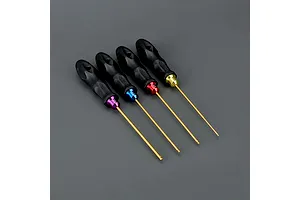 A set of four Method RC ball end hex drivers with black handles and color-coded collars against a grey background.