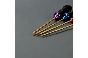 Close-up of four Method RC ball end hex driver shafts with gold shafts and colourful anodized handles against a grey background.
