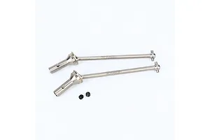Method RC titanium 124mm CVD driveshafts and two small grub screws laid out against a white studio background.