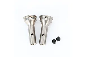 Two metallic RC CVD stub axles and two set screws displayed against a plain white background.