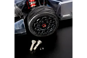 Method RC Titanium CVD Stub Axles with two metal axles and set screws placed in front of an RC car wheel.