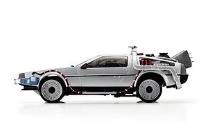 Side profile studio shot of the Kyosho First Mini-Z Back to the Future DeLorean RC car on a white background.