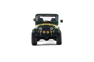 Front view of the green Axial SCX30 Jeep CJ-7 Renegade RC rock crawler showing its grille, bumper, and KC auxiliary lights.