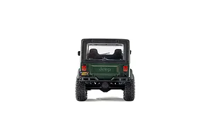 Rear view of the green Axial SCX30 Jeep CJ-7 Renegade RC rock crawler on a white background.