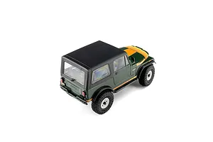 High angle rear studio shot of the green Axial SCX30 Jeep CJ-7 Renegade RC rock crawler with black hardtop.