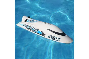 Pro Boat Jet Jam V2 electric RC speed boat in white floating on clear blue pool water.