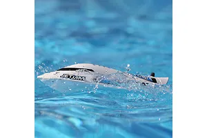 Pro Boat Jet Jam V2 electric RC speed boat running across blue water, kicking up splashes with the Jet Jam logo visible.