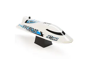 Studio product view of the Pro Boat Jet Jam V2 white electric RC speed boat resting on a black stand.