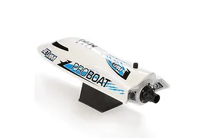 Pro Boat Jet Jam V2 electric RC speed boat in white resting on a black stand against a white background.