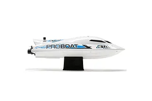 Side view of Pro Boat Jet Jam V2 electric RC speed boat in white resting on a black stand against a plain white background.