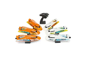 Group shot of multiple Pro Boat Jet Jam RC boats in orange and white variants with a transmitter on a white background.