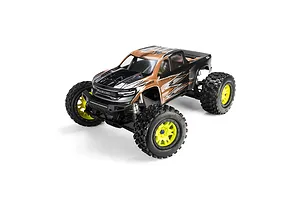 A 1/5 scale RC monster truck featuring Badlands MX43 tyres on yellow and black Impulse rims, shown mounted on a Ram body against a white background.