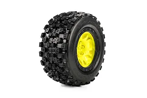 Pro-Line 1/5 Badlands MX43 Pro-Loc Tyre mounted on a yellow and black Impulse beadlock wheel against a white background.