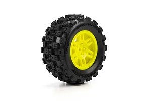 Studio photo of a Pro-Line 1/16 Badlands MX MT tyre mounted on a bright yellow split-six rim against a white background.