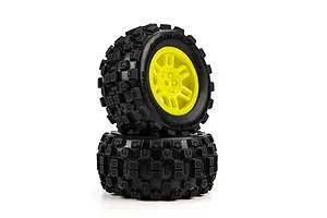 Pro-Line 1/16 Badlands MX MT Tyres on Yellow Split Six Rims - Glued Wheels 2Pcs
