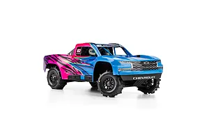 An RC short course truck with blue and pink Chevrolet body mounted on black wheels with paddle tyres.