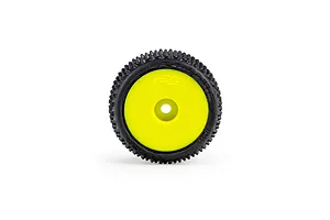Pro-Line 1/28 Prism carpet tyre mounted on a bright yellow dish rim against a clean white background.