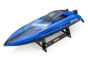 Blue Atrek Riptide RC speed boat resting on a black plastic display stand against a white background.