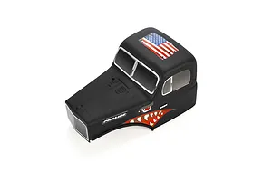 Pro-Line matte black cab-only crawler body shell with American flag roof decal and shark teeth side graphics on a white background.
