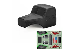 Pro-Line matte black cab-only crawler body with included decal sheet on a white background.