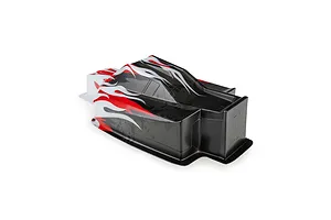 Pro-Line 1/8 Sector Flame painted body shell in red, black, and white for an RC buggy, viewed from a high angle.