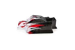 Pro-Line 1/8 Sector Flame Limited Edition painted body shell featuring a red, white, and black flame design against a white background.