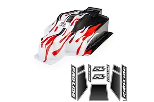 Pro-Line 1/8 Sector Flame painted body shell in red, white and black with an included sticker sheet on a white background.