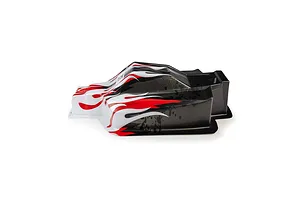 Pro-Line 1/8 scale painted buggy body shell featuring a red, white, and black flame design on a white background.