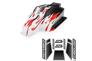 Pro-Line 1/8 Sector Flame painted body shell in red, white, and black with included decal sheet on a white background.