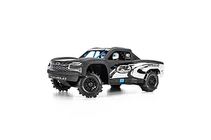 Pro-Line matte black 2019 Chevy Silverado trophy truck body mounted on a small RC truck chassis against a white background.
