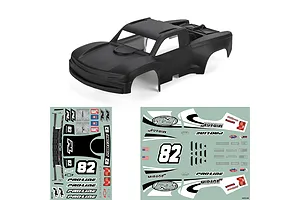Matte black Pro-Line RC trophy truck body shell accompanied by two sheets of sponsor and racing decals.