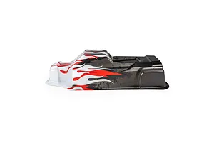 Pro-Line 1/8 Sector Flame limited edition painted body shell in red, white, and black, viewed from the side on a white background.