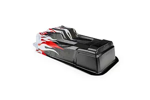 Pro-Line 1/8 Sector Flame limited edition painted body shell in red, black, and white against a white background.