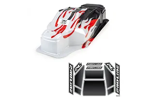 Pro-Line 1/8 Sector Flame painted body shell in red, white and black with accompanying decal sheet on a white background.